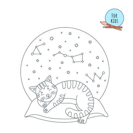 Cute animal concept for children, cartoon style. Coloring page for children and adults. Cute kitten sleeping on a soft pillow. Vector illustration.のイラスト素材