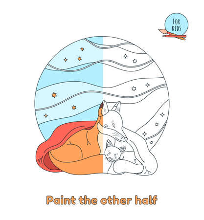 Cute animal concept for children, cartoon style. Coloring page for children and adults. The cute fox and her little fox are sleeping under a red blanket. Paint the other half. Cute illustration.の写真素材