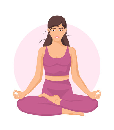 Yoga young woman, card concept. Beautiful girl in a pink suit doing yoga. Healthy lifestyle. Poster. Template. Illustration isolated on a white background.の写真素材