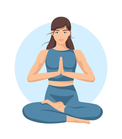 Yoga young woman, card concept. Beautiful girl in a blue suit doing yoga. Healthy lifestyle. Poster. Template. Vector illustration isolated on a white background.のイラスト素材