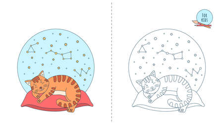 Cute animal concept for children, cartoon style. Coloring page for children and adults. Cute kitten sleeping on a soft pillow. Line illustration.の写真素材