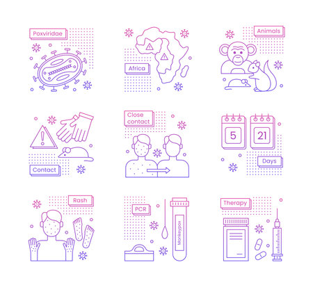 Monkeypox virus medicine concept. A set of icons about monkeypox. Gradient. Line illustration isolated on a white background.の写真素材
