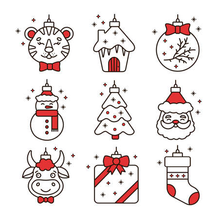 Set of linear icons with Christmas decorations. Linear icons tiger, snow house, Christmas ball, snowman, Christmas tree, Santa Claus, bull, present, sock. Vector illustration for Christmas.のイラスト素材