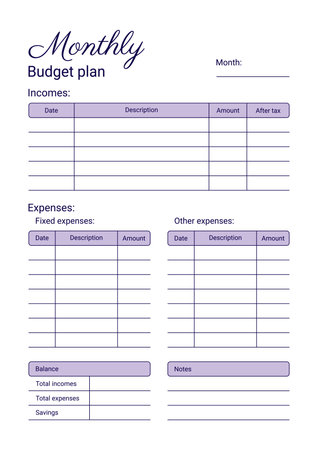 Monthly personal budget plan concept. Printable template, A4 format. Vector illustration on a white background.のイラスト素材