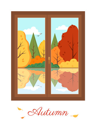 Window view of the autumn landscape. Cute illustration in a flat style.の写真素材