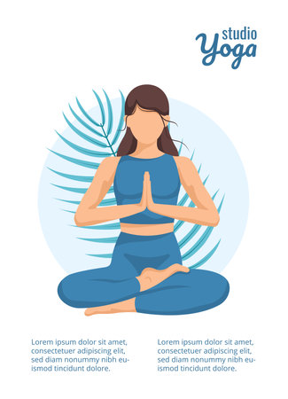 Yoga young woman, card concept. Beautiful girl in a suit doing yoga. Healthy lifestyle. Poster. Template. Vector illustration in a flat style.のイラスト素材