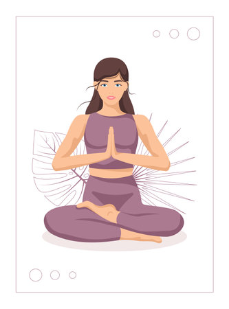 Yoga young woman, card concept. Beautiful girl in a suit doing yoga. Healthy lifestyle. Poster. Template. Vector illustration in a flat style.のイラスト素材