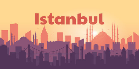 Istanbul Turkey concept. Silhouette of the city of Istanbul at sunset. Travel concept. Template. Illustration.の写真素材