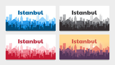 Istanbul Turkey concept. Silhouette of the city of Istanbul. 4 illustration options with a title. Travel concept. Vector illustration in a flat style.のイラスト素材