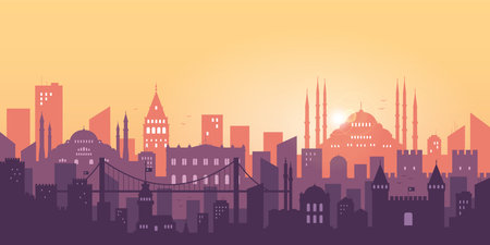 Istanbul Turkey concept. Silhouette of the city of Istanbul at sunset. Travel concept. Template. Illustration.のイラスト素材