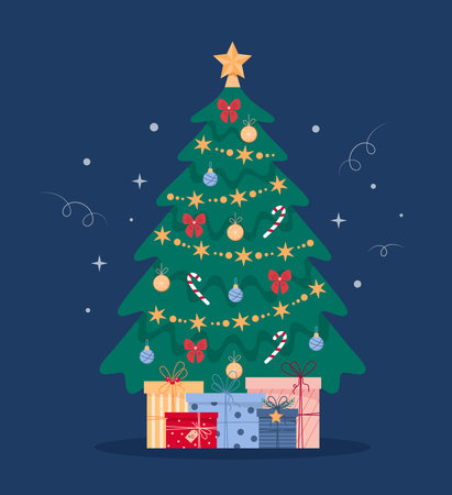 Christmas Concept. Cute Christmas tree with gifts and decorations. Vector illustration on a dark background.のイラスト素材