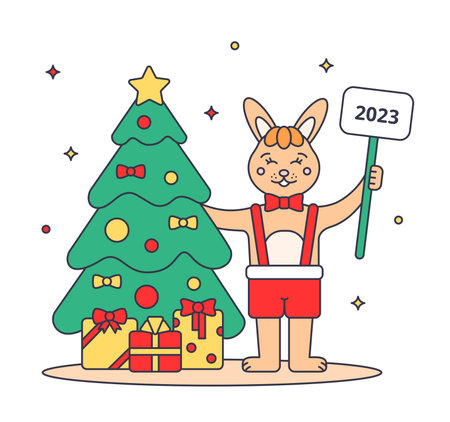Rabbit 2023 New Year concept. Cute happy rabbit and a Christmas tree. Symbol of the year 2023. Year of the Rabbit. Vector illustration.のイラスト素材