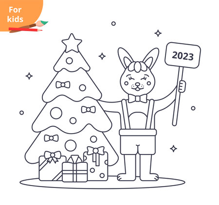 Rabbit 2023 New Year concept. Cute happy rabbit and a Christmas tree. Coloring page for children. Vector illustration.のイラスト素材