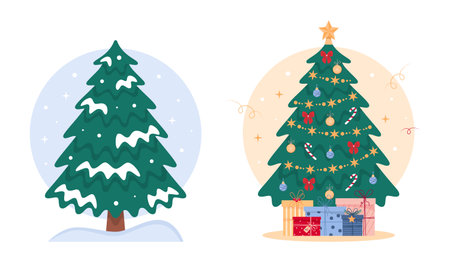 Christmas concept. Cute snowy Christmas tree and decorated Christmas tree with gifts. Vector illustration on white background.のイラスト素材