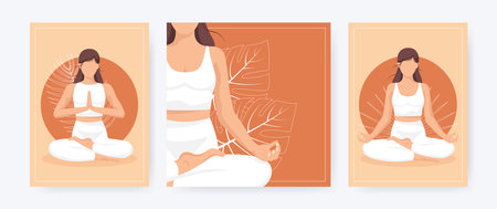 Yoga young woman, card concept. Set of 3 posters. Healthy lifestyle. Template. Vector illustration.のイラスト素材