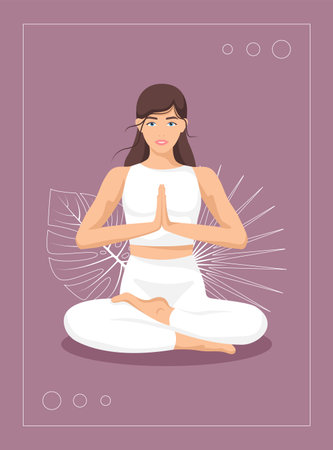 Yoga young woman, card concept. Beautiful girl in a suit doing yoga. Healthy lifestyle. Poster. Template. Vector illustration in a flat style.のイラスト素材