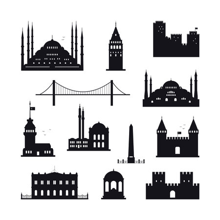 Istanbul Turkey concept. A set of silhouettes of architectural landmarks. Vector illustration on a white background.のイラスト素材