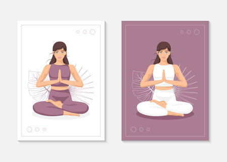 Yoga young woman, card concept. Beautiful girl in a suit doing yoga. Healthy lifestyle. Poster. Template. Vector illustration in a flat style.のイラスト素材