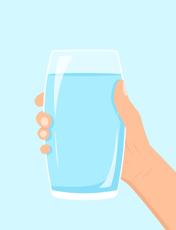 Water balance concept. The hand is holding a glass of water. Vector illustration in a flat style.のイラスト素材