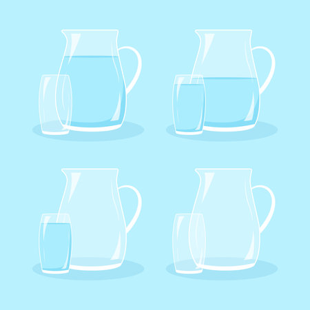 Water balance concept. Set of 4 pictures. A jug and a glass of water. The concept of drinking enough water throughout the day. Vector illustration in a flat style.のイラスト素材