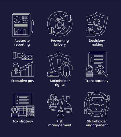 ESG Governance concepts, icons set. Icons with captions. Vector illustration isolated on a dark background.のイラスト素材