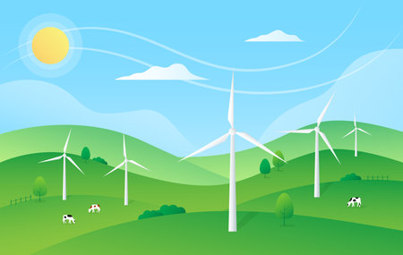 Renewable energy, ESG concept. Green landscape with wind turbines. Gradient. Vector illustrationのイラスト素材