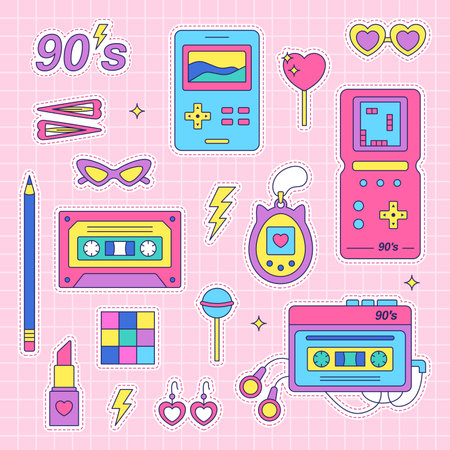 90s stickers pack. Set of trendy retro elements. Bright vector illustration.のイラスト素材