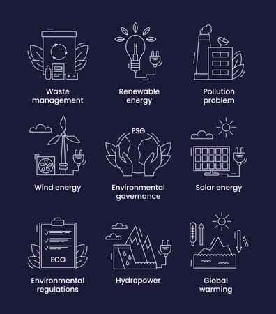 Set icons environmental, ESG concept. Icons with captions. Vector illustration isolated on a dark backgroundのイラスト素材