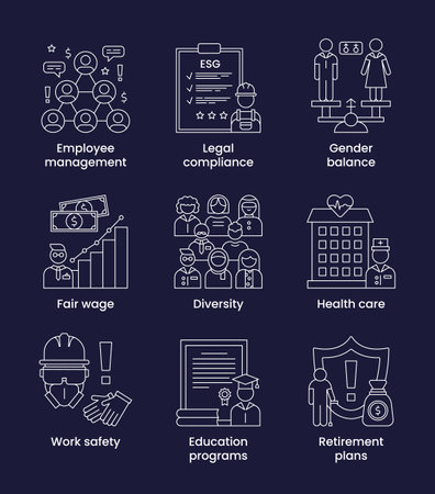 Set icons social, ESG concept. Icons with captions. Vector illustration isolated on a dark backgroundのイラスト素材