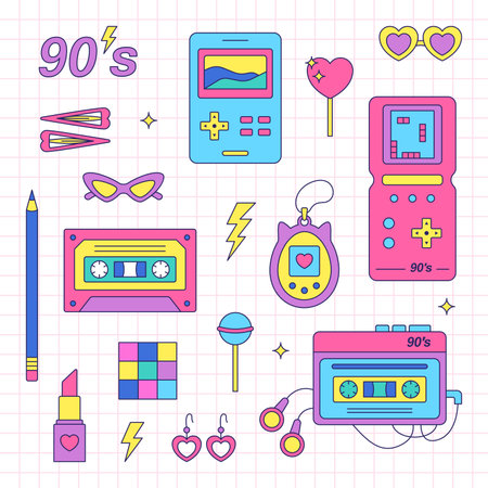 90s trendy retro icons collection. Bright vector illustrationのイラスト素材