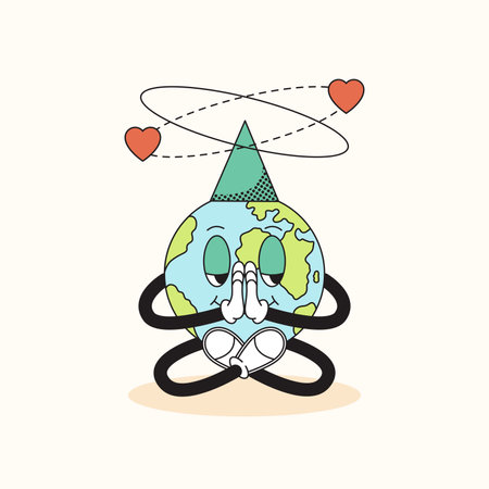 70s trendy retro Earth character. Earth Day concept. Vector illustration in a cartoon styleのイラスト素材
