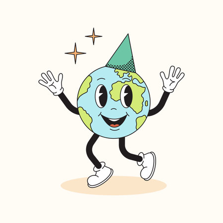 70s trendy retro Earth character. Earth Day concept. Vector illustration in a cartoon styleのイラスト素材