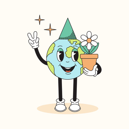 70s trendy retro Earth character. Earth Day concept. Vector illustration in a cartoon styleのイラスト素材