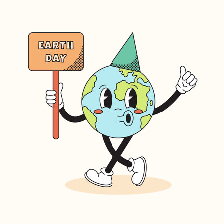 70s trendy retro Earth character. Earth Day concept. Vector illustration in a cartoon styleのイラスト素材
