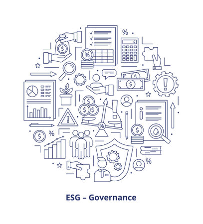 ESG Governance concepts, icons set. Icons placed in a circle. Vector illustration isolated on a white backgroundのイラスト素材