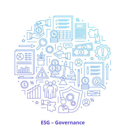 ESG Governance concepts, icons set. Icons placed in a circle. Gradient. Vector illustration isolated on a white backgroundのイラスト素材