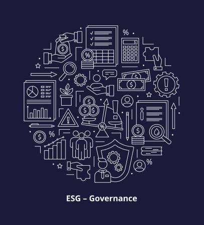 ESG Governance concepts, icons set. Icons placed in a circle. Vector illustration isolated on a dark backgroundのイラスト素材