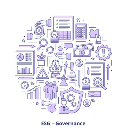 ESG Governance concepts, icons set. Icons placed in a circle. Vector illustration isolated on a white backgroundのイラスト素材