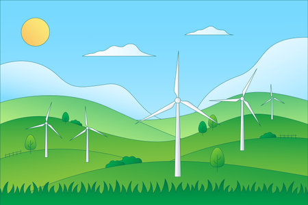 Renewable energy, ESG concept. Green landscape with wind turbines. Gradient. Cute illustrationの写真素材