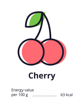 Healthy vegetarian product icon. A tasty cherry icon. Energy value of cherry. Vector illustration on white backgroundのイラスト素材