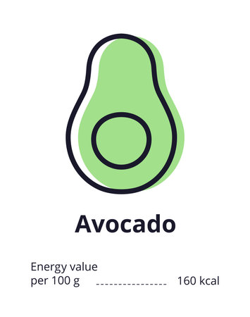 Healthy vegetarian product icon. A tasty avocado icon. Energy value of avocado. Vector illustration on white backgroundのイラスト素材
