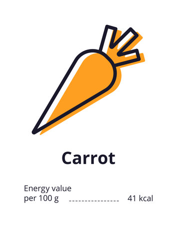 Healthy vegetarian product icon. A tasty carrot icon. Energy value of carrot. Vector illustration on white backgroundのイラスト素材