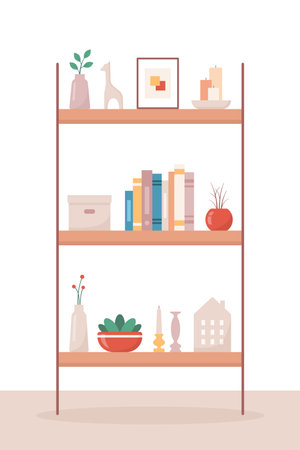 Cozy home interior design concept. Shelf with interior objects. Vector illustration in flat styleのイラスト素材