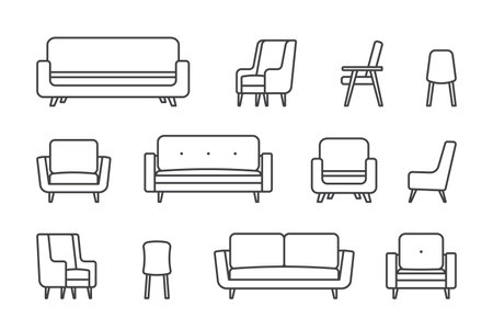 Cozy home interior design icons set. Interior furniture. Sofa, armchair, chair. Vector line illustration on white backgroundのイラスト素材