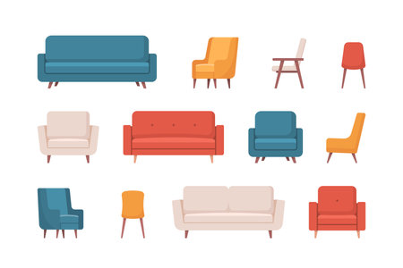 Cozy home interior design objects set. Interior furniture. Sofa, armchair, chair. Vector illustration in flat styleのイラスト素材