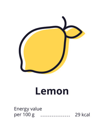 Healthy vegetarian product icon. A tasty lemon icon. Energy value of lemon. Vector illustration on white backgroundのイラスト素材