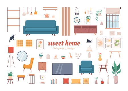 Cozy home interior design objects set. Living room interior. Vector illustration in flat styleのイラスト素材
