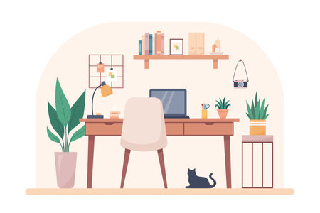 Cozy home interior design concept. Workplace interior. Vector illustration in flat styleのイラスト素材
