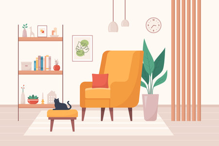 Cozy home interior design concept. Living room interior. Vector illustration in flat styleのイラスト素材