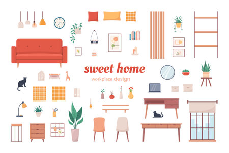 Cozy home interior design objects set. Workplace interior. Vector illustration in flat styleのイラスト素材